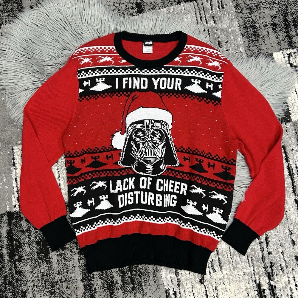 Star Wars Mens Red Ugly Christmas Sweater Darth Vader Red Black Holiday XXL
